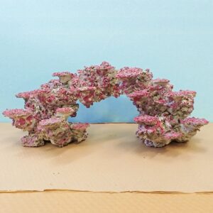 Pink coral-like sculpture arranged in an arch on a tan surface against a pale blue wall.