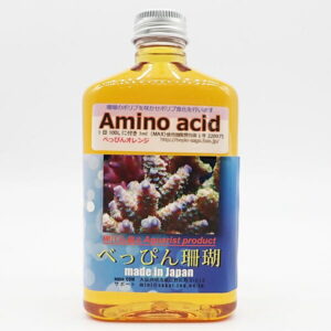 Orange bottle labeled Amino acid with coral reef image on the label, a reef aquatics supplement made in Japan.