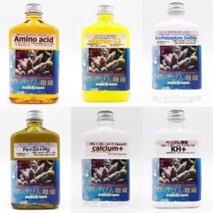 Orange bottle labeled Amino acid supplement for aquariums with coral image on the label, made in Japan Consise and clear for screen readers