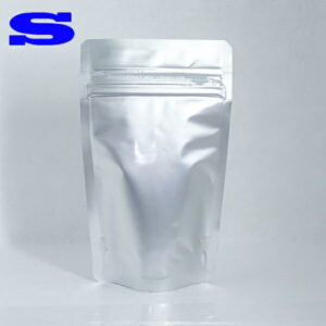 Silver resealable stand-up pouch against a white background, with a blue S logo in the top-left corner.