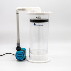 Clear cylindrical aquarium canister filter with white top and base, blue inline pump on the left, and Aqua Excel logo on the chamber