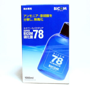 Boxed BICOM 78 seawater water conditioner with blue bottle image and 1000ml label, for marine aquariums.