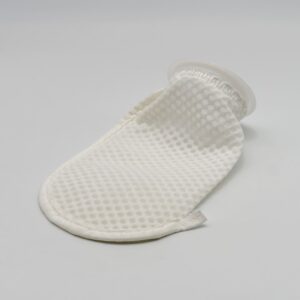 White mesh filter pouch with a round plastic rim at the opening
