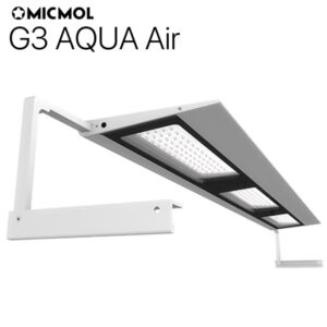 MICMOL G3 AQUA Air ceiling-mounted linear LED light with an adjustable white mounting arm on a white background, displaying its two-panel LED array