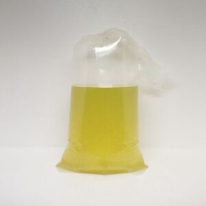 Clear plastic bag filled with yellow liquid inside a tall transparent container on a white surface.